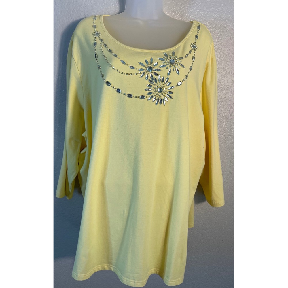 Quacker Factory Womens 3X Top Yellow Rhinestone Embellished 3/4 Sleeve Knit